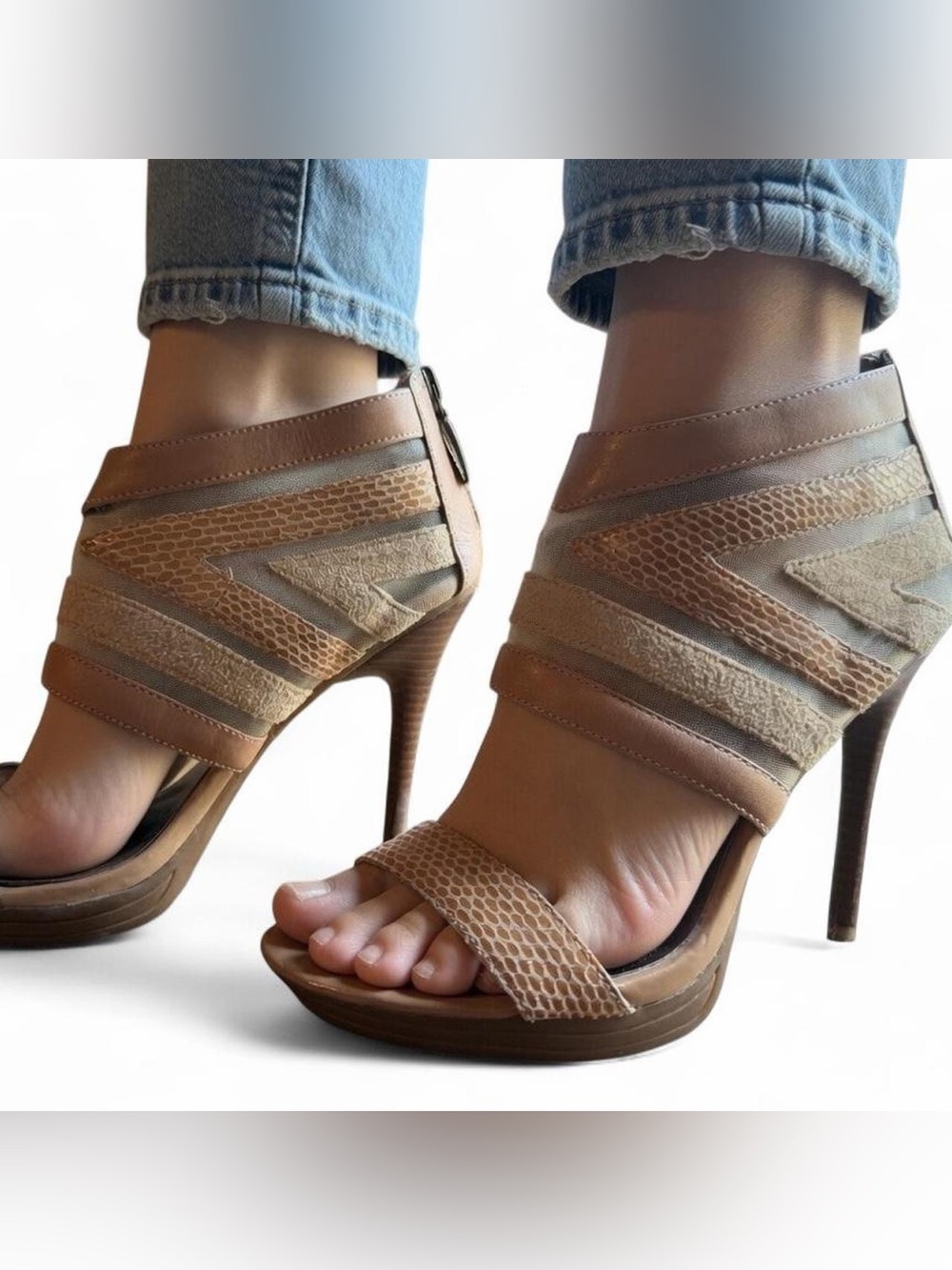 DKNY Sasha suede leather snakeskin strappy taupe beige High Heel Sandals 7.5